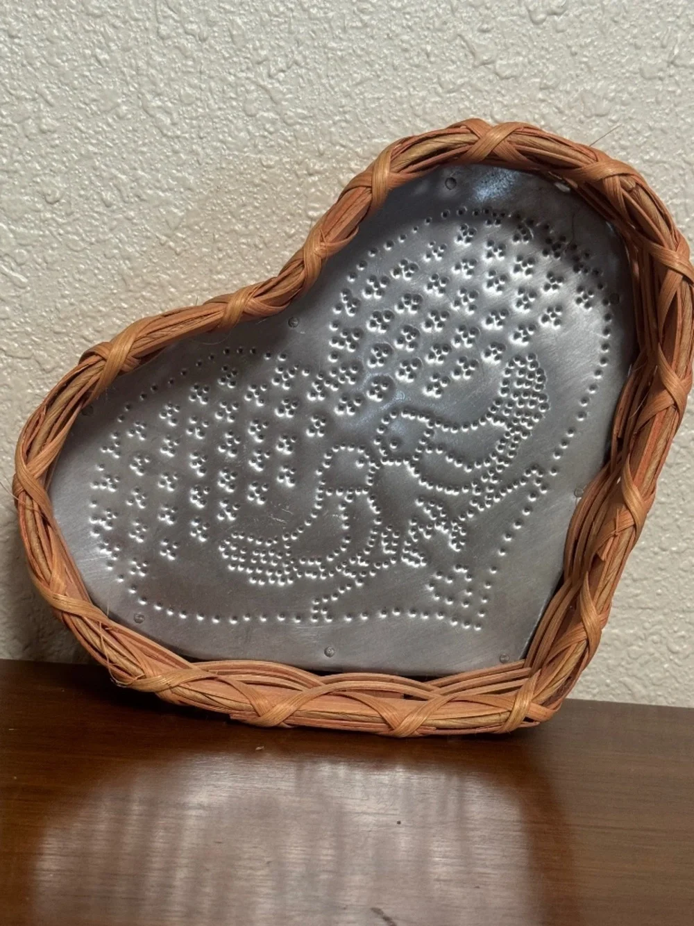 Vintage Cottage Core Decor - Heart Basket Metal Bird Art
